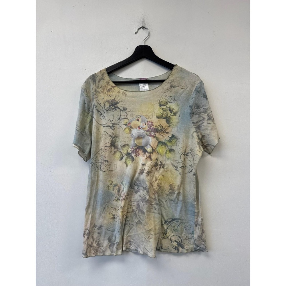 VTG Disney Thumper Shirt Womens 2X Plus Multicolor Floral Bambi Scoop Tee Y2K